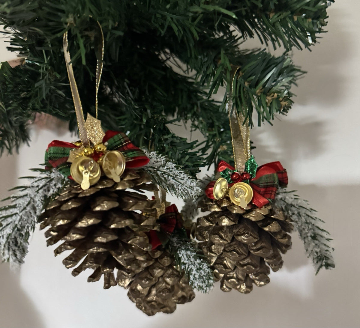 Set of 6 Handmade Pine Cone Christmas Ornaments with Bells & Festive Bows Rustic