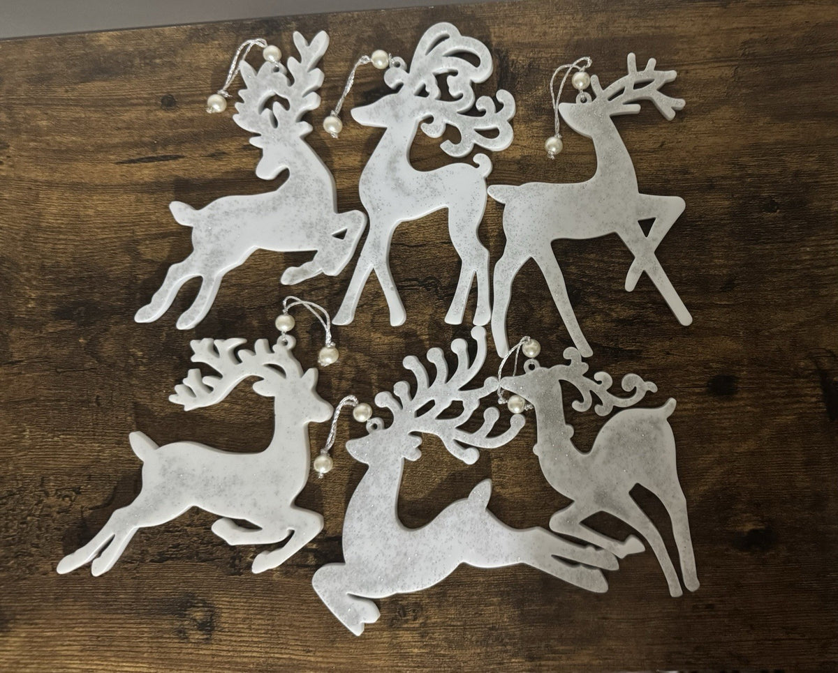 Set of 6 White & Silver Reindeer Christmas Tree Hanging Decorations with Pearl
