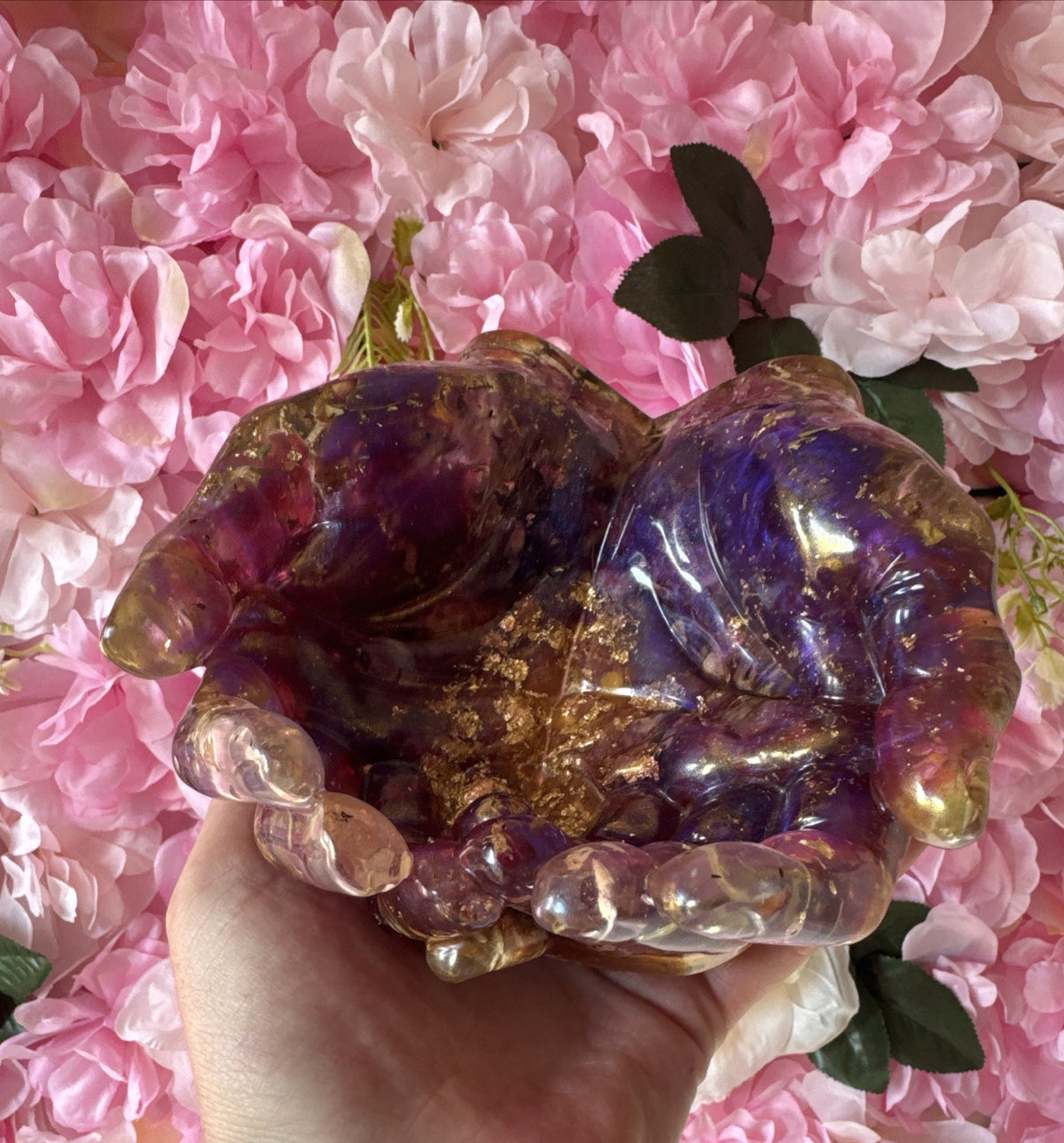 Handmade Resin Hands Bowl with Dried Roses & Gold Leaf Gift for Her, Home Decor