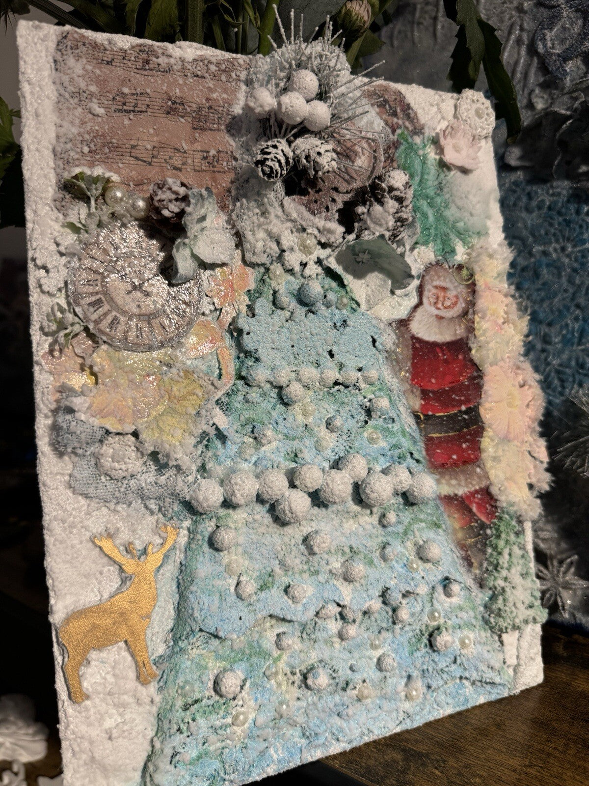 Christmas Tree and Santa Claus Canvas mixed media gift for Christmas