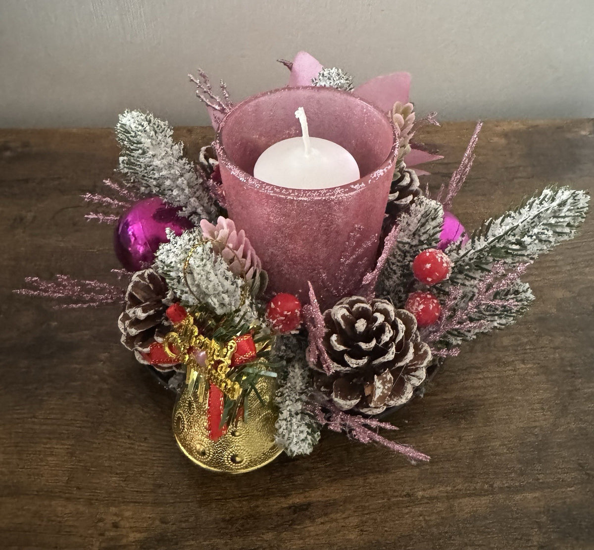 Handmade Pink Christmas Candle Centrepiece Festive Table Decoration Home Decor