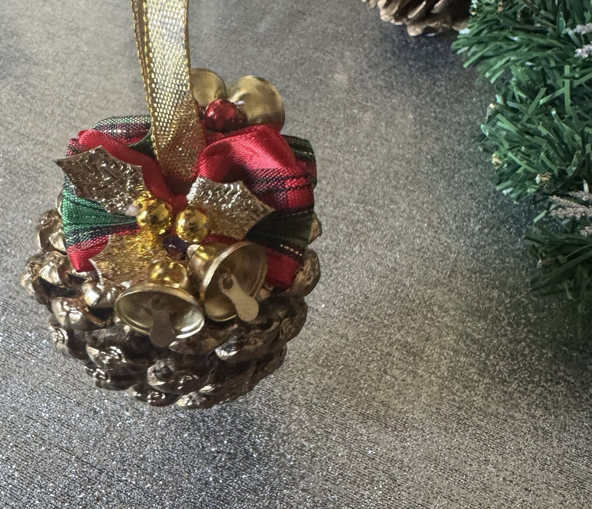 Set of 6 Handmade Pine Cone Christmas Ornaments with Bells & Festive Bows Rustic
