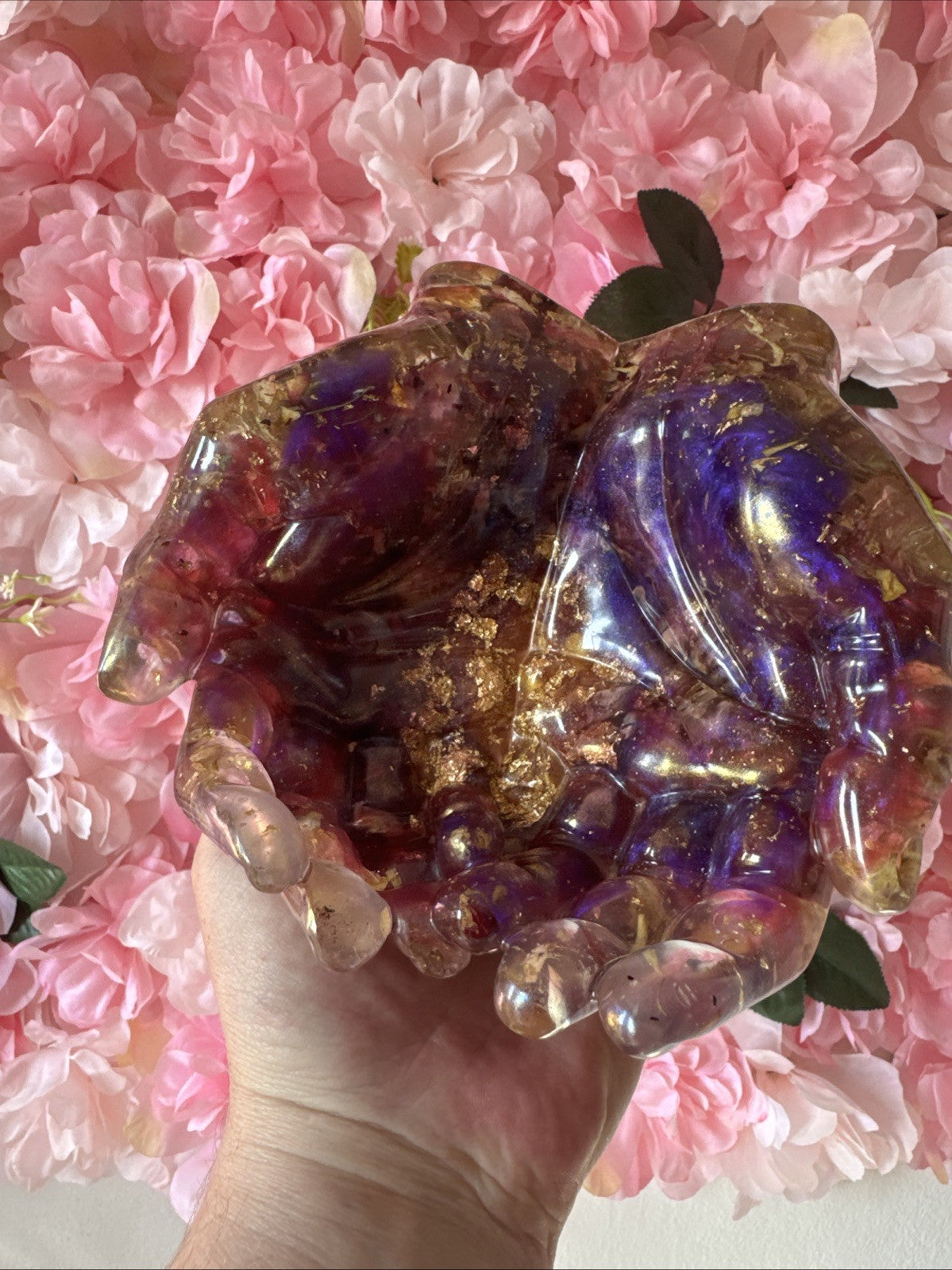 Handmade Resin Hands Bowl with Dried Roses & Gold Leaf Gift for Her, Home Decor