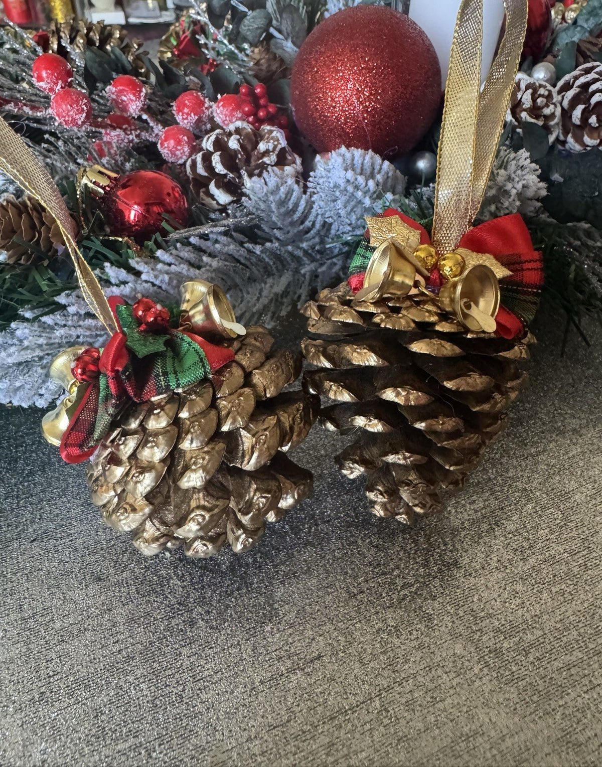 Set of 6 Handmade Pine Cone Christmas Ornaments with Bells & Festive Bows Rustic