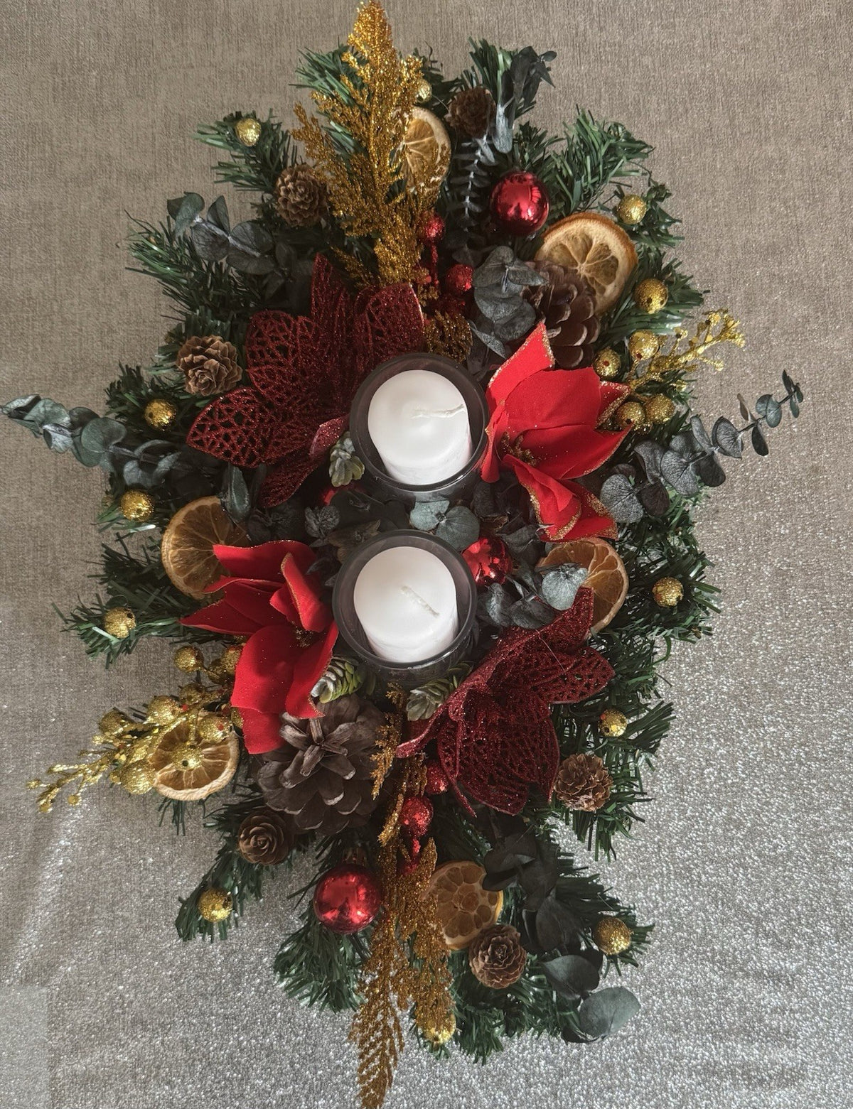 Christmas Table Centerpiece with Candle Red and Gold with Dried Eucaliyptus New