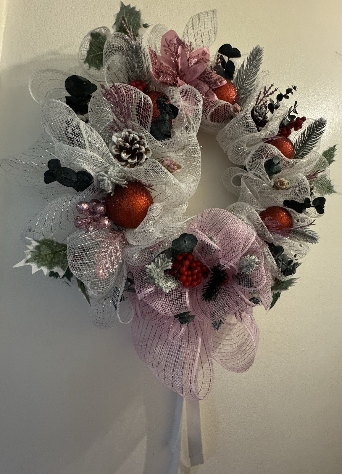 Handmade Christmas Mesh Wreath Pink & White with Red Baubles & Pinecones 40 CM