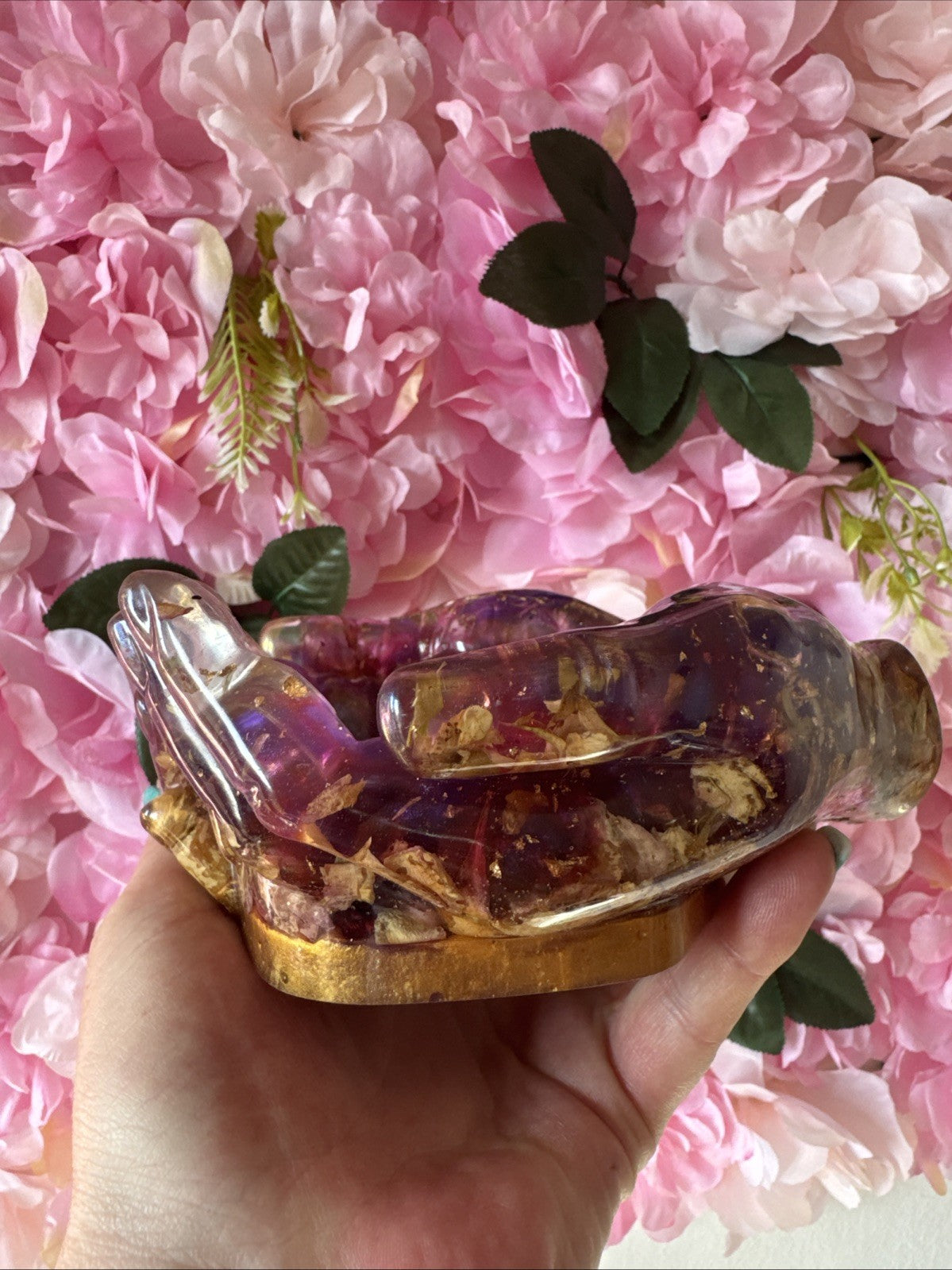 Handmade Resin Hands Bowl with Dried Roses & Gold Leaf Gift for Her, Home Decor