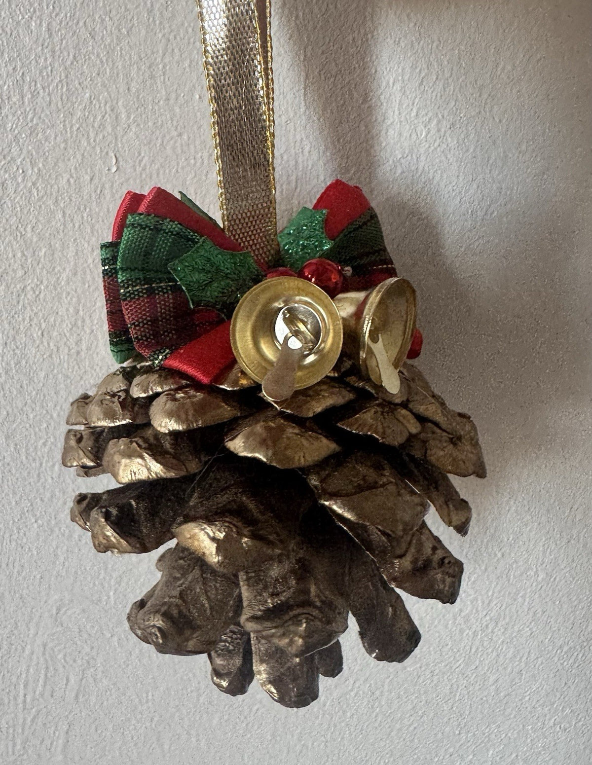 Set of 6 Handmade Pine Cone Christmas Ornaments with Bells & Festive Bows Rustic
