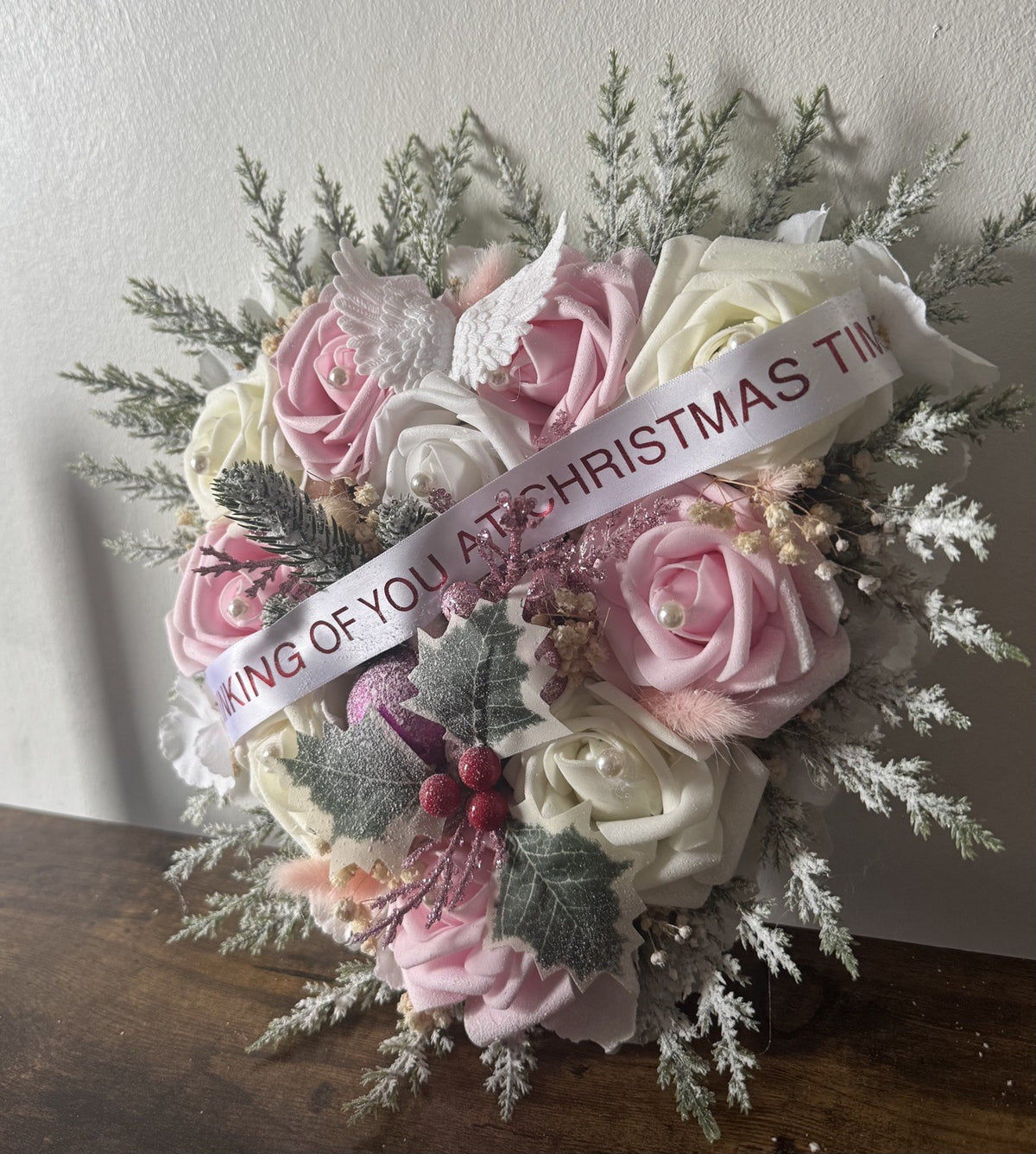 Handmade Christmas Funeral Wreath Heart Shaped Pink and White Dried Flowers