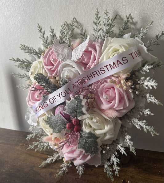 Handmade Christmas Funeral Wreath Heart Shaped Pink and White Dried Flowers