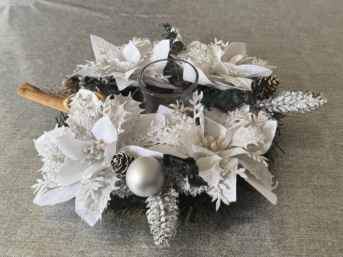Christmas Table Centerpiece Green and White Poinsettias  And Dried Eucalyptus