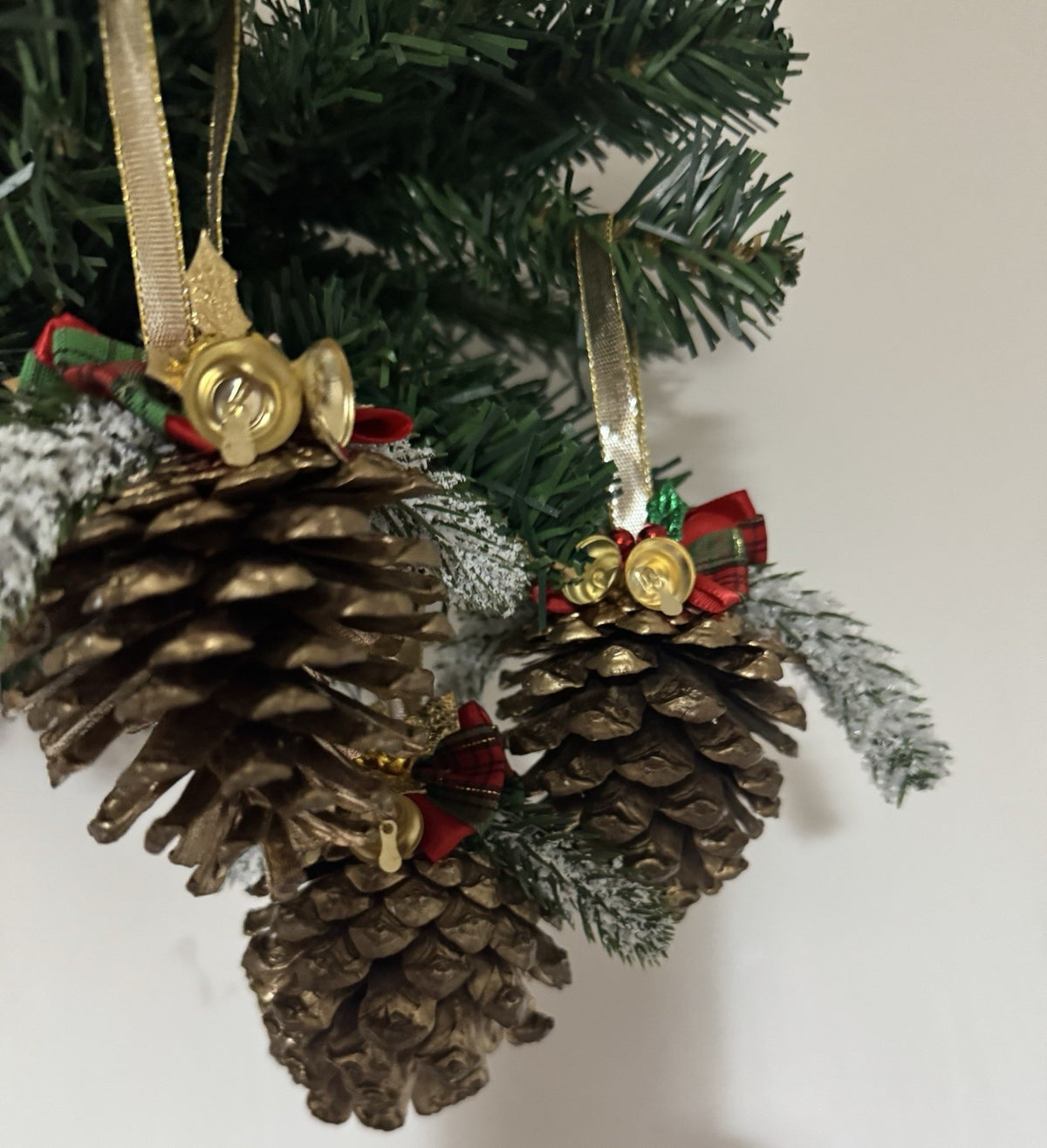 Set of 6 Handmade Pine Cone Christmas Ornaments with Bells & Festive Bows Rustic
