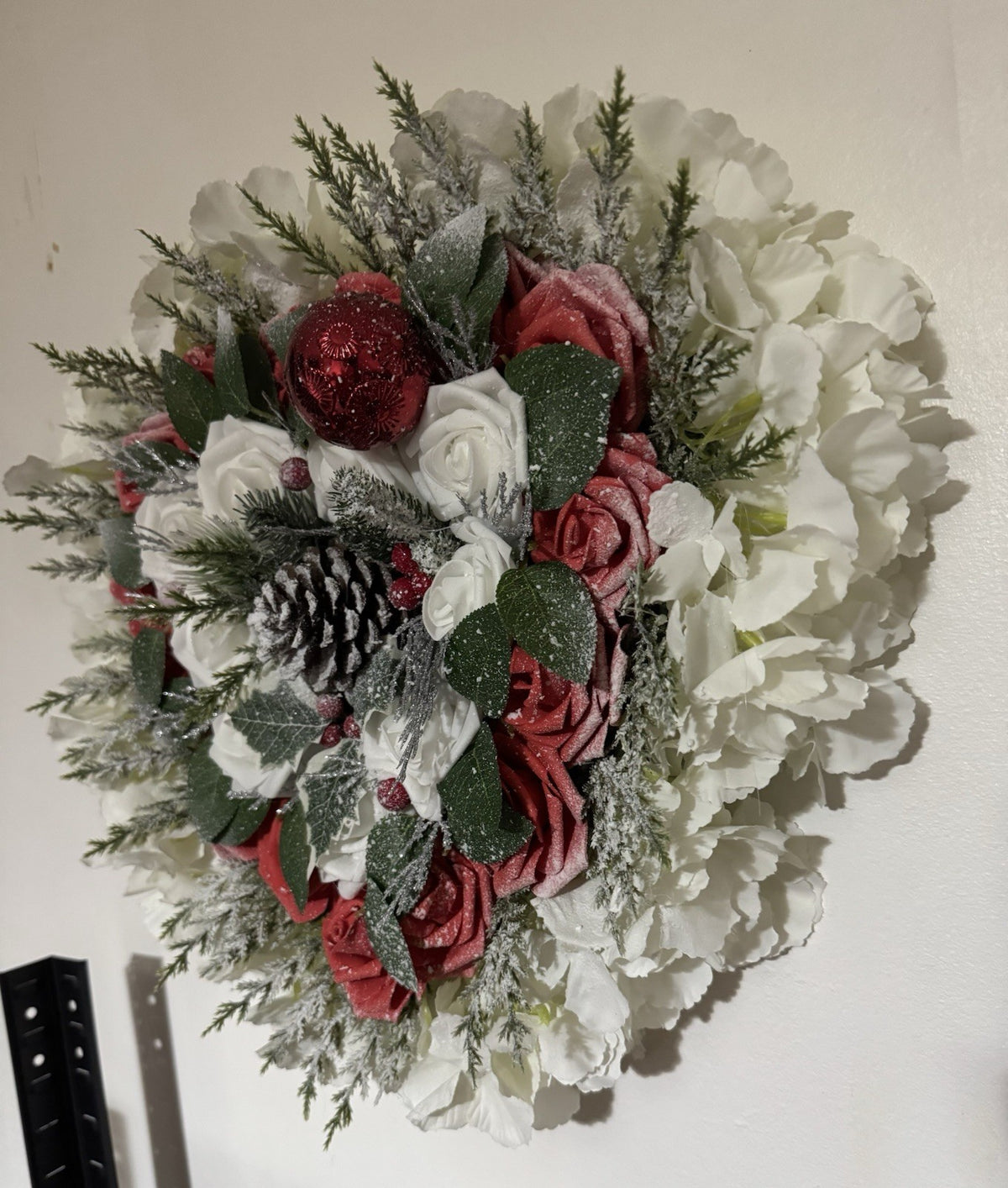 Christmas Heart Memorial Wreath Red White Roses Pinecone Frosted Artificial