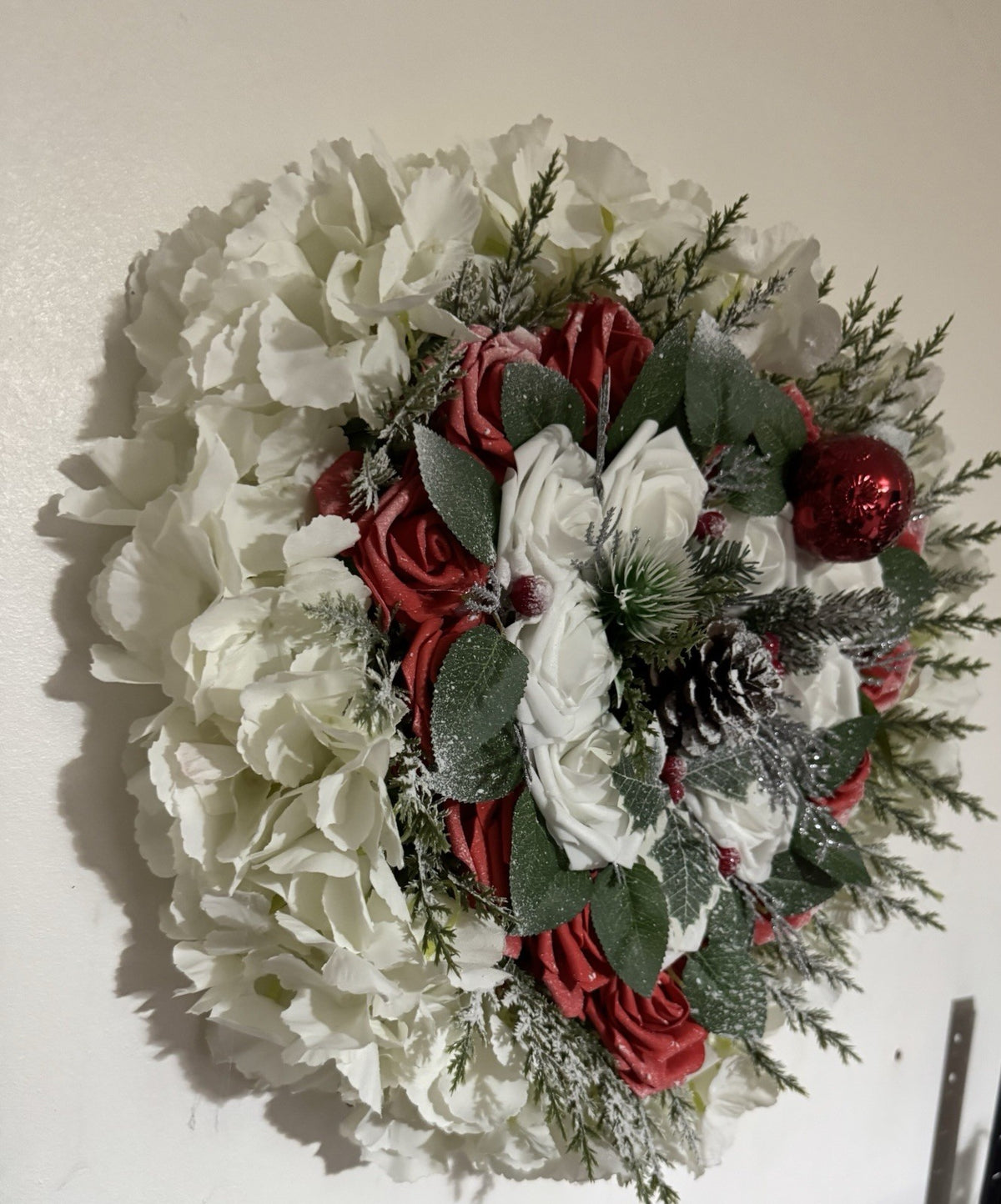 Christmas Heart Memorial Wreath Red White Roses Pinecone Frosted Artificial