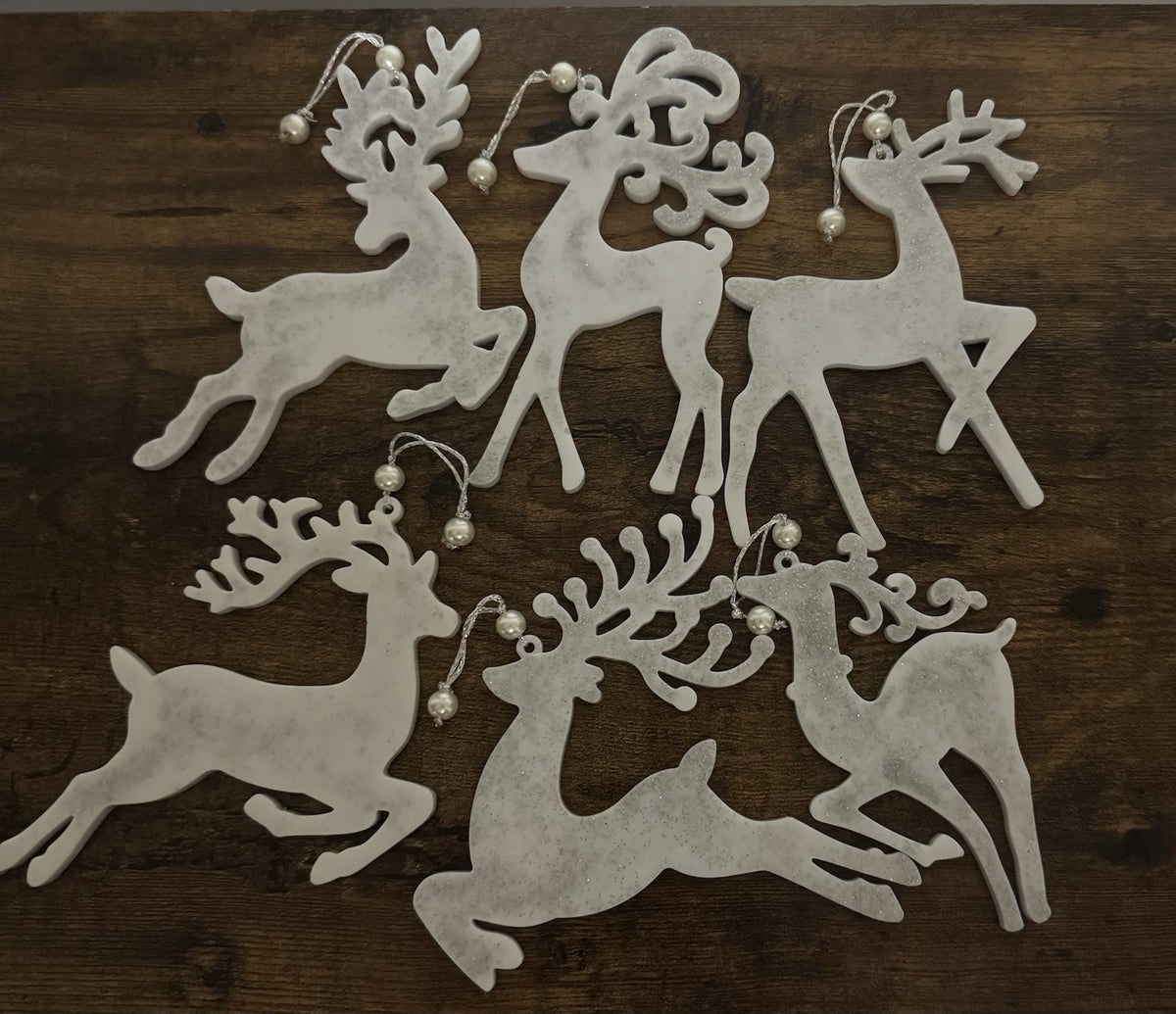 Set of 6 White & Silver Reindeer Christmas Tree Hanging Decorations with Pearl
