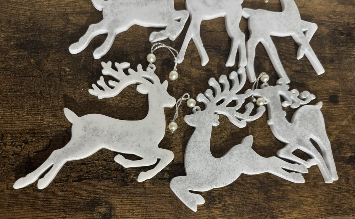 Set of 6 White & Silver Reindeer Christmas Tree Hanging Decorations with Pearl