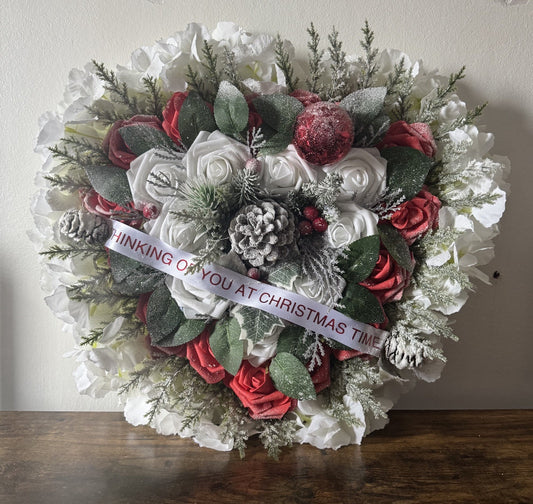 Christmas Heart Memorial Wreath Red White Roses Pinecone Frosted Artificial