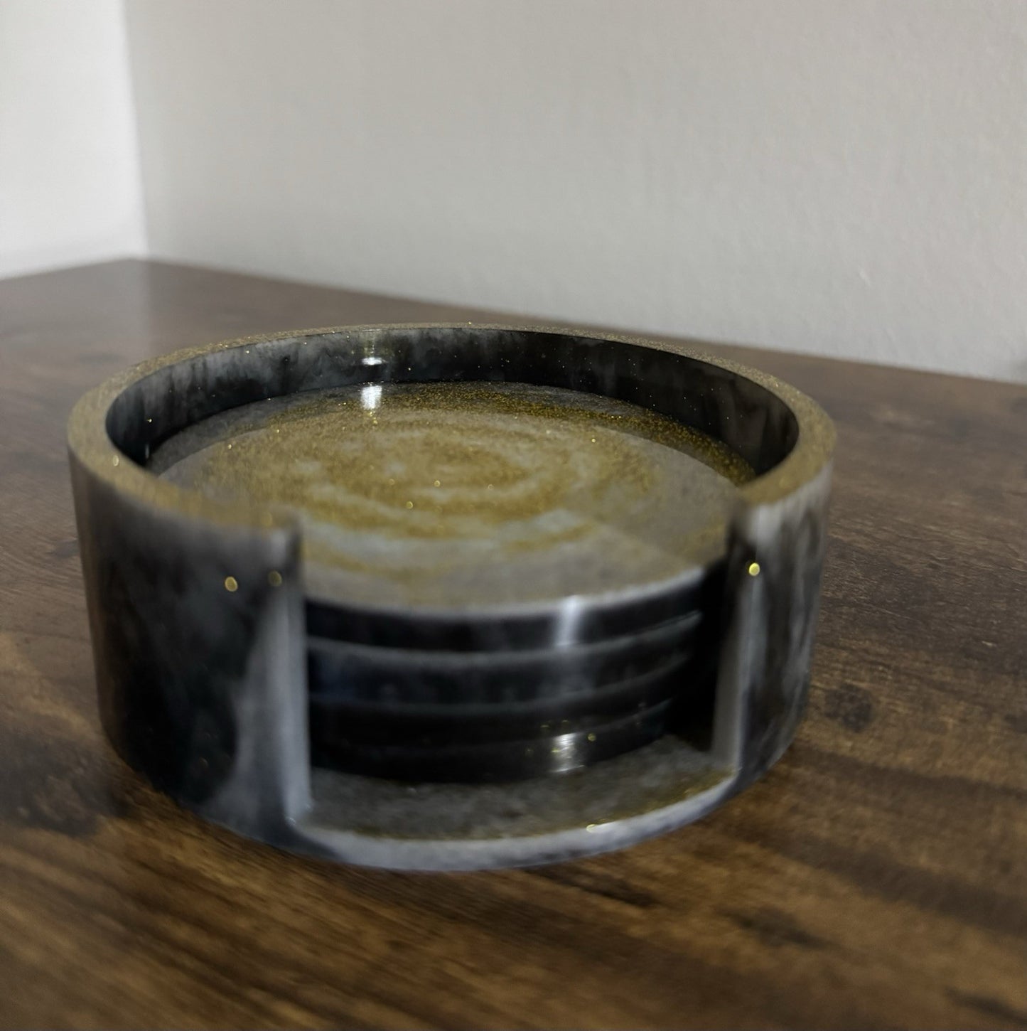 Handmade Black and Gold Resin Coaster Set with Holder Elegant Glitter Design