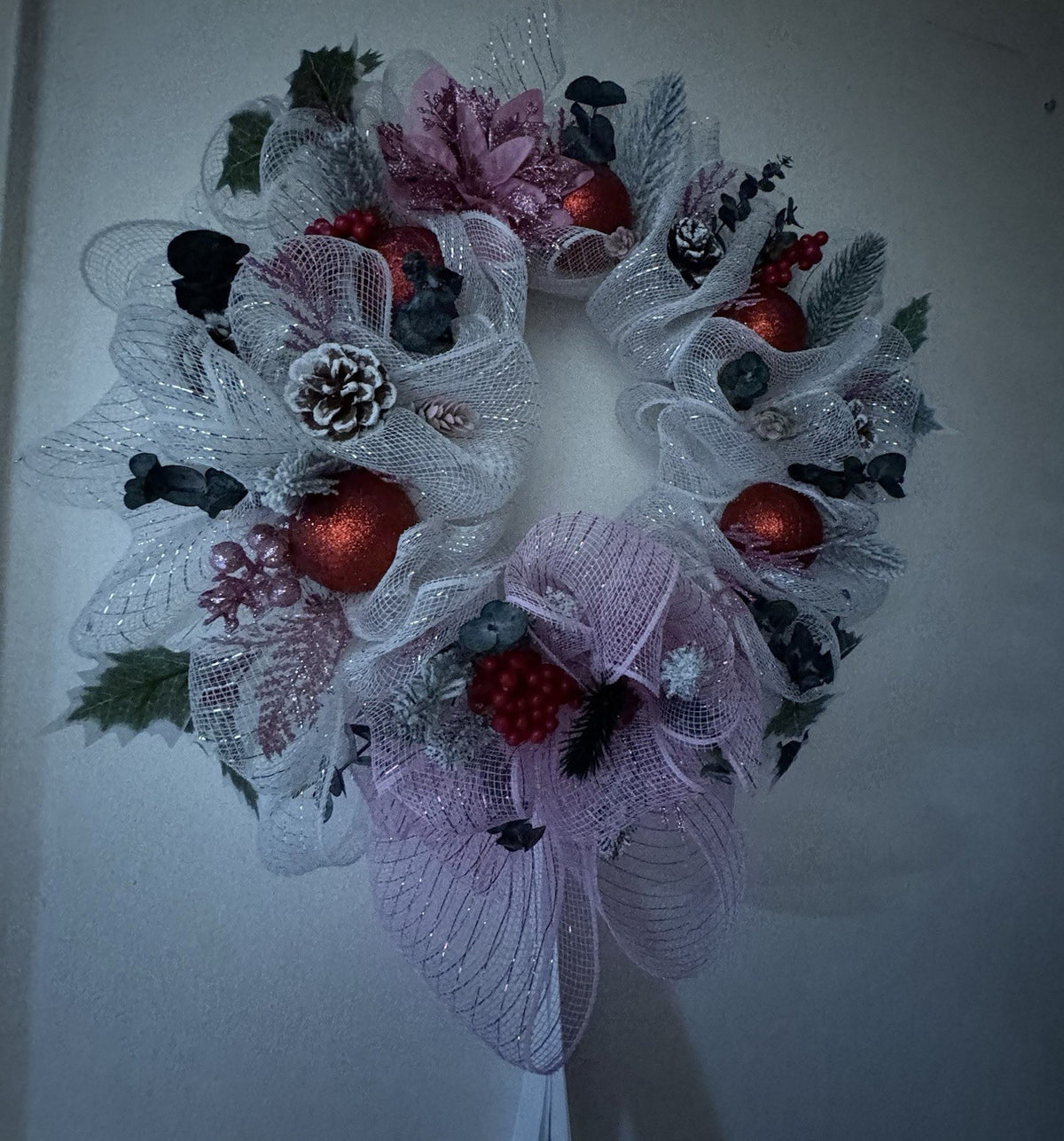 Handmade Christmas Mesh Wreath Pink & White with Red Baubles & Pinecones 40 CM