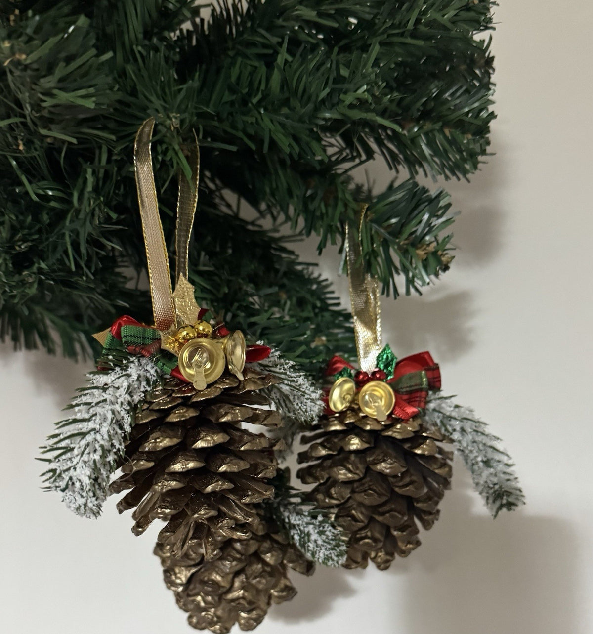 Set of 6 Handmade Pine Cone Christmas Ornaments with Bells & Festive Bows Rustic