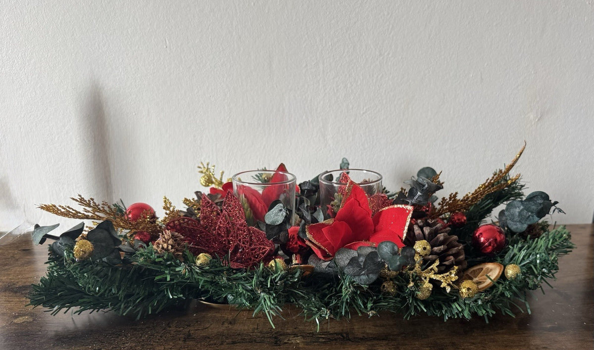Christmas Table Centerpiece with Candle Red and Gold with Dried Eucaliyptus New