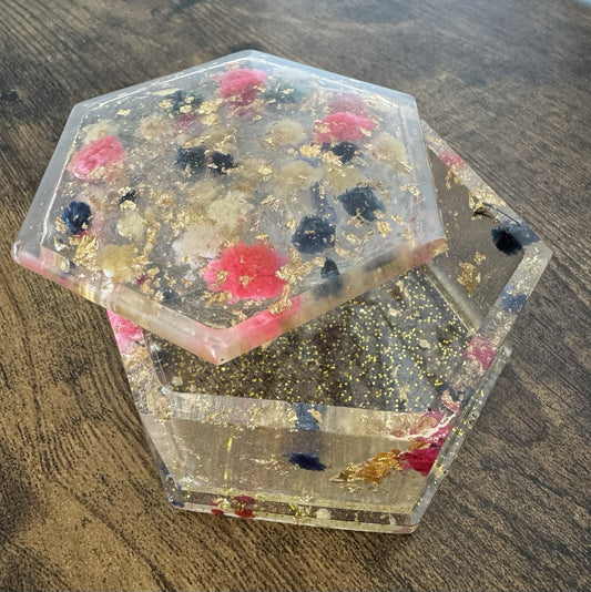 Handmade Small Hexagon Resin Trinket Box with Real Dried Flowers