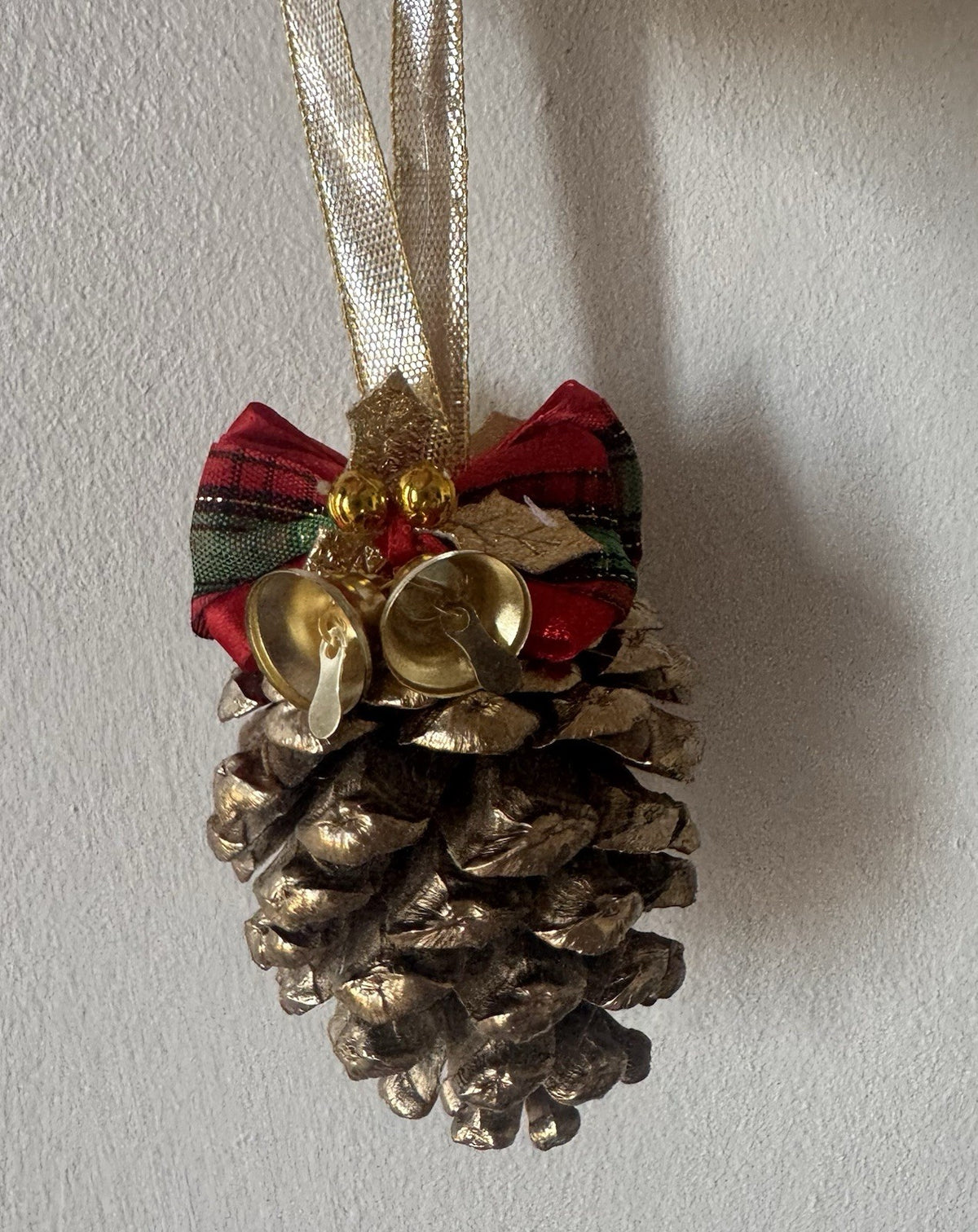 Set of 6 Handmade Pine Cone Christmas Ornaments with Bells & Festive Bows Rustic