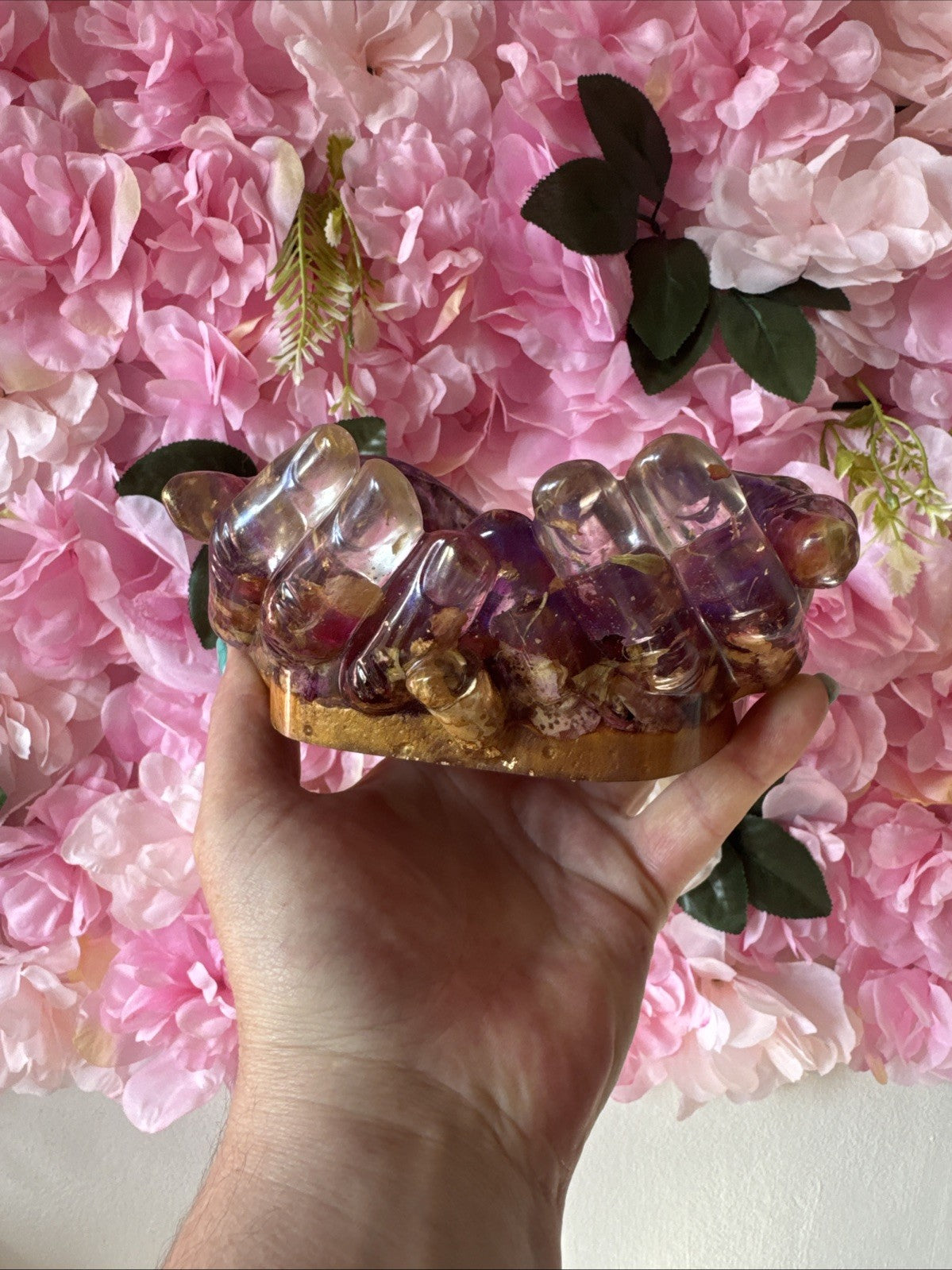 Handmade Resin Hands Bowl with Dried Roses & Gold Leaf Gift for Her, Home Decor