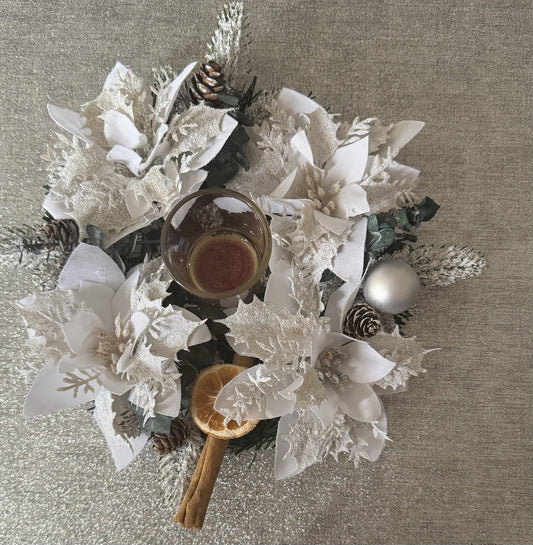 Christmas Table Centerpiece Green and White Poinsettias  And Dried Eucalyptus