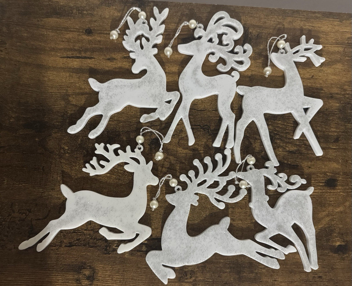 Set of 6 White & Silver Reindeer Christmas Tree Hanging Decorations with Pearl