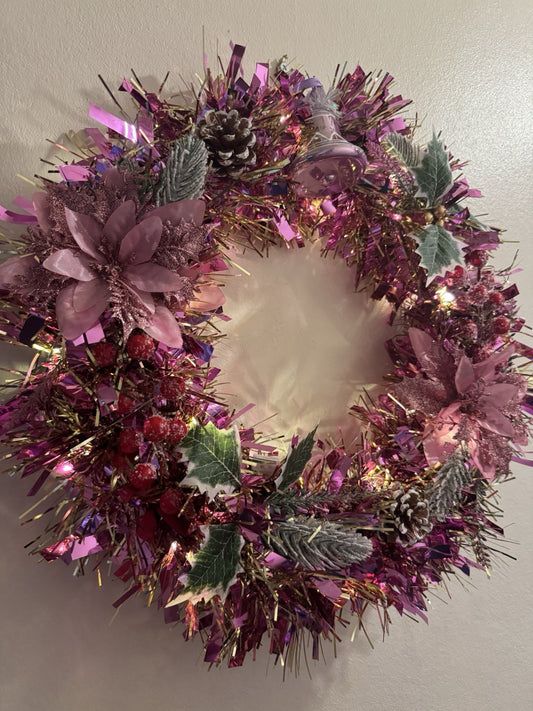 Christmas Wreath Pink with Lights for Front Door Christmas Decoration Wreath UK