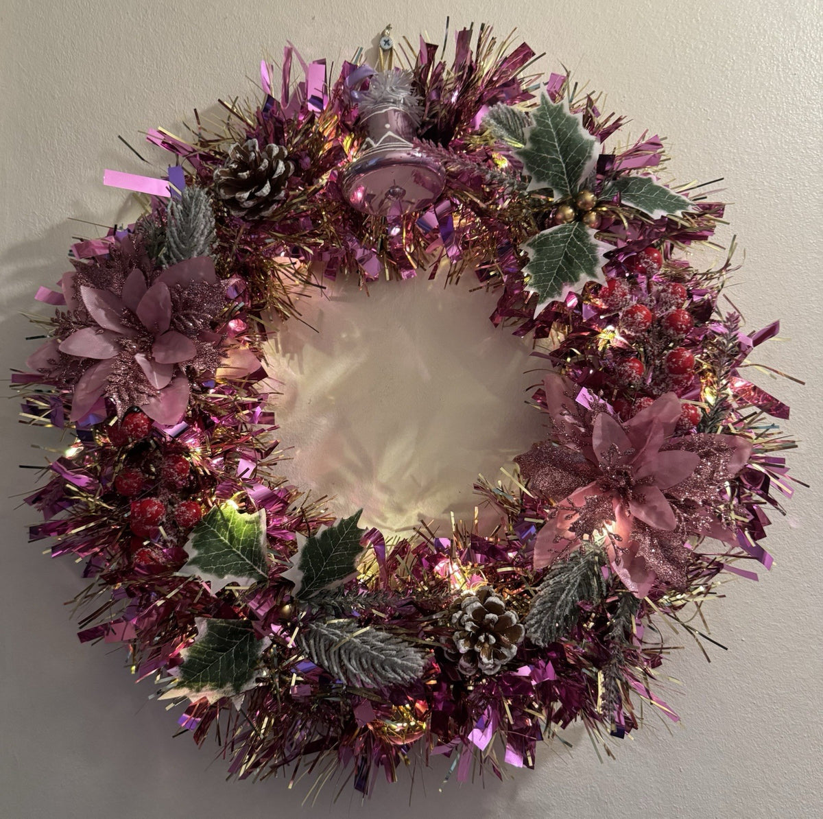 Christmas Wreath Pink with Lights for Front Door Christmas Decoration Wreath UK