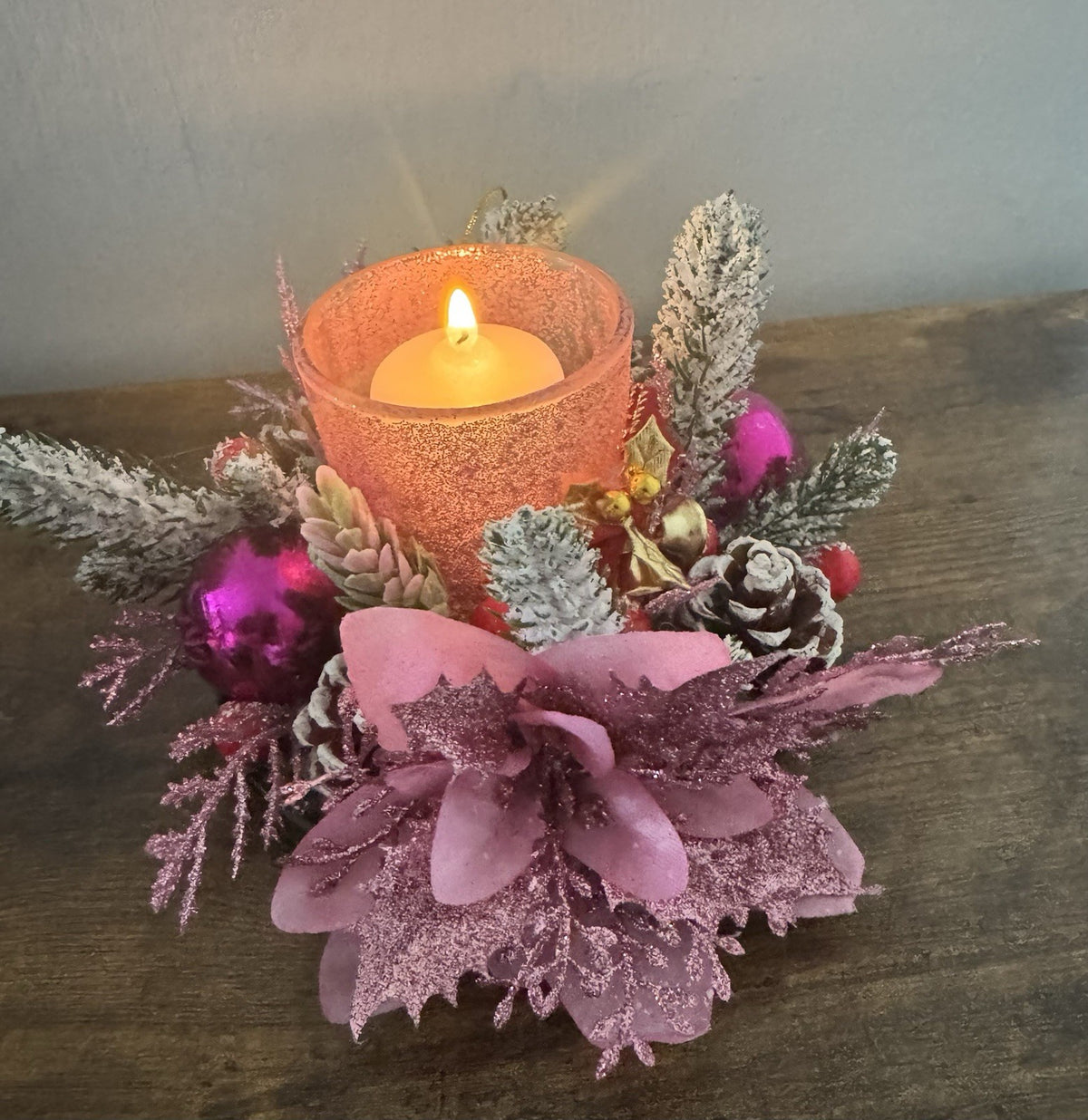 Handmade Pink Christmas Candle Centrepiece Festive Table Decoration Home Decor