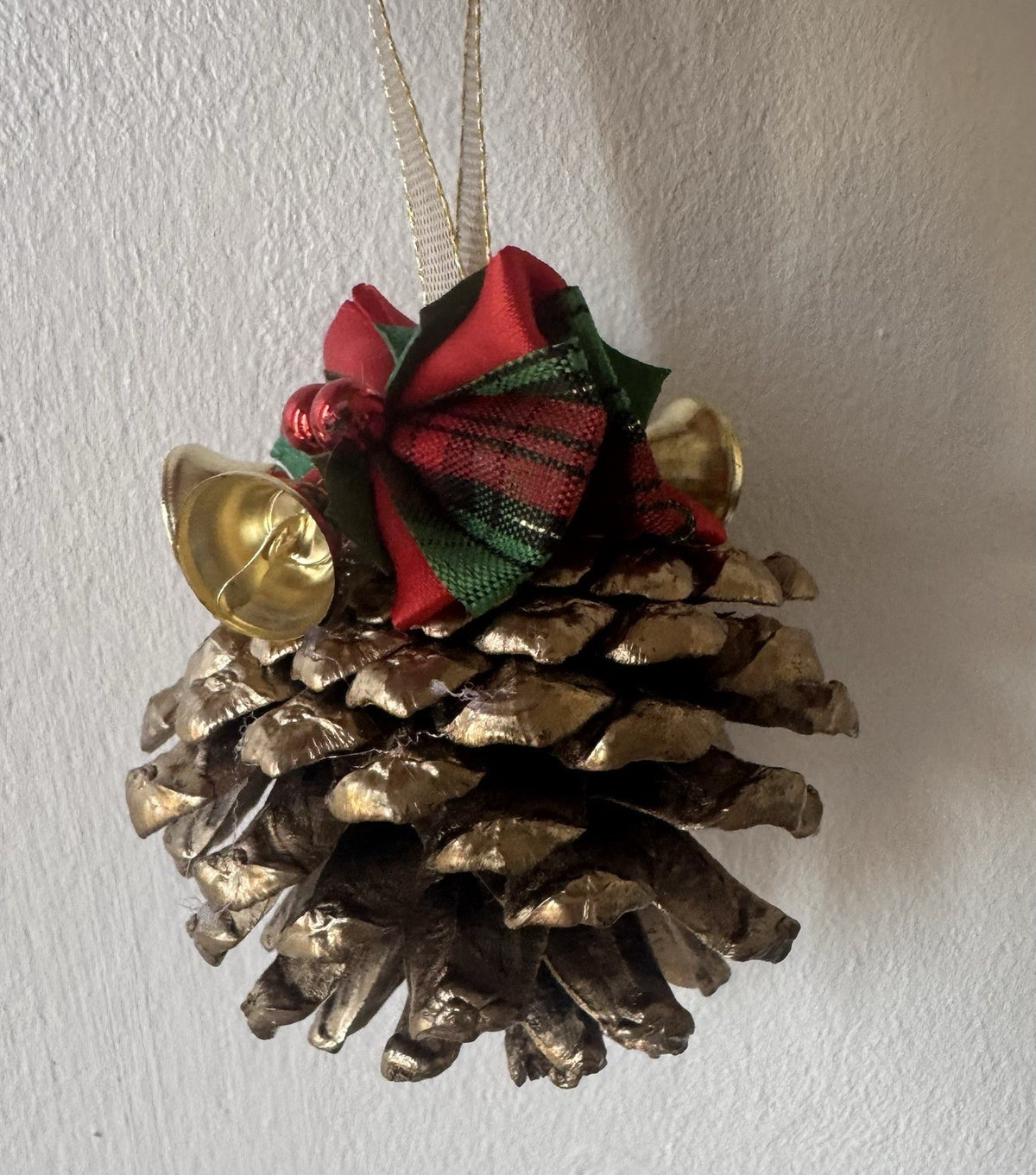 Set of 6 Handmade Pine Cone Christmas Ornaments with Bells & Festive Bows Rustic