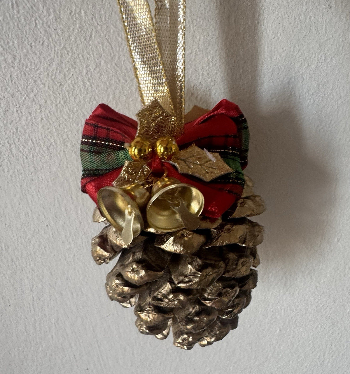 Set of 6 Handmade Pine Cone Christmas Ornaments with Bells & Festive Bows Rustic