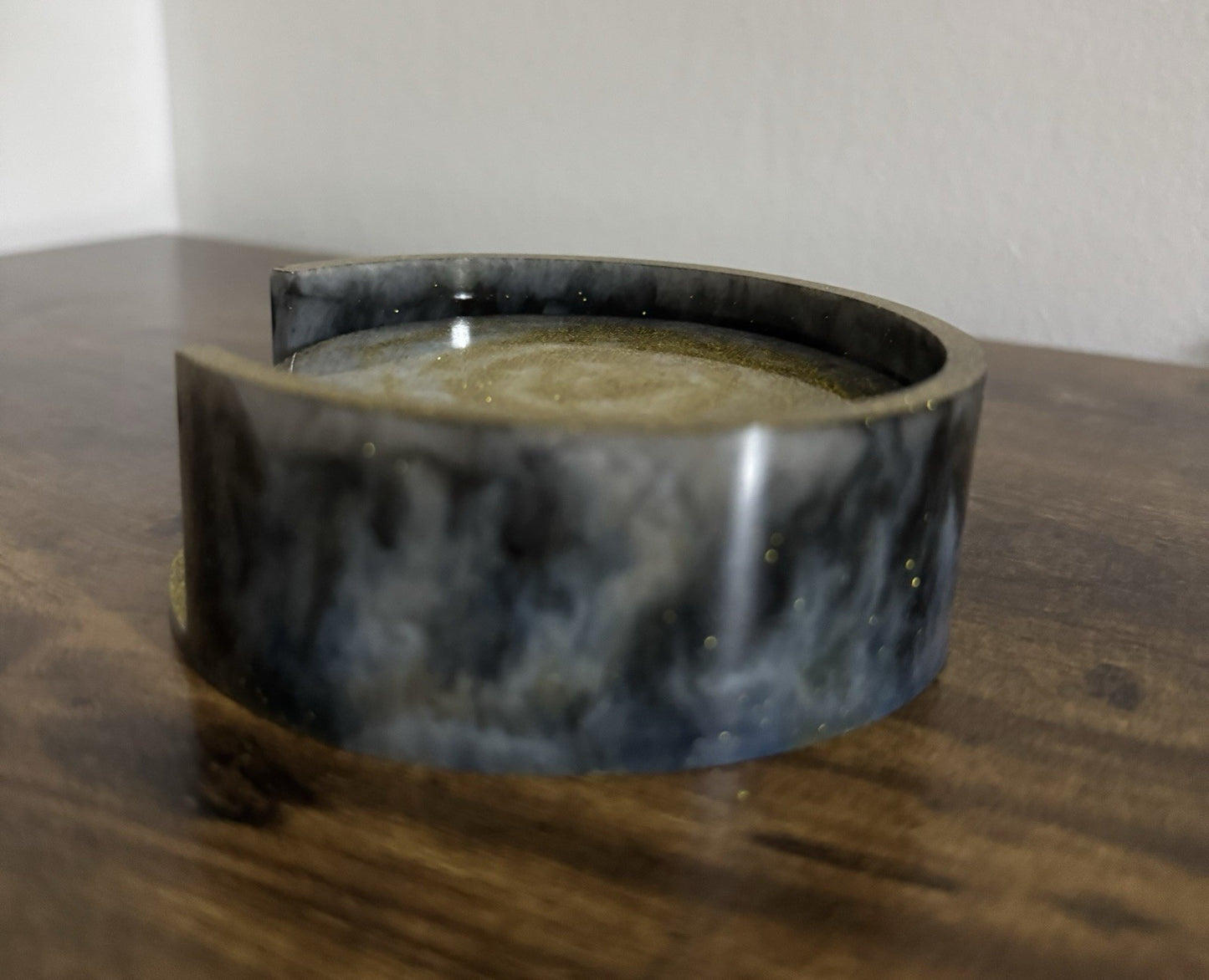 Handmade Black and Gold Resin Coaster Set with Holder Elegant Glitter Design