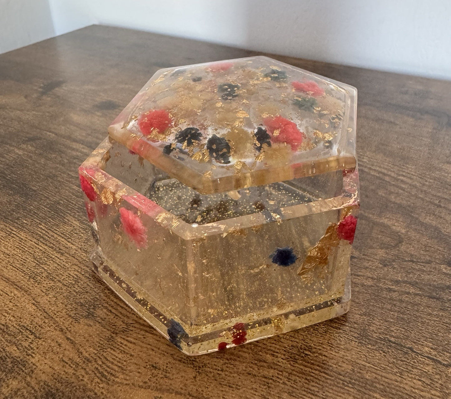 Handmade Small Hexagon Resin Trinket Box with Real Dried Flowers