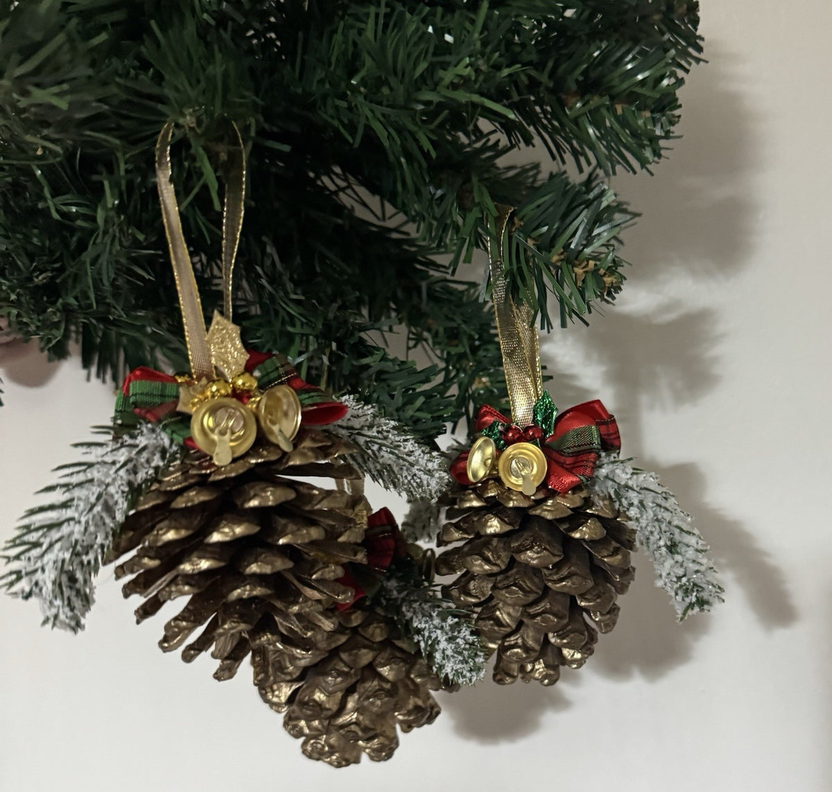 Set of 6 Handmade Pine Cone Christmas Ornaments with Bells & Festive Bows Rustic