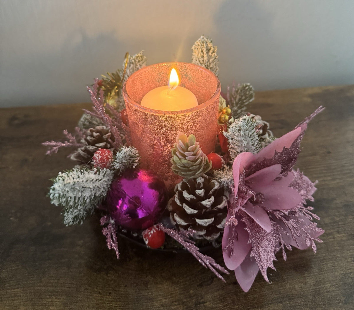 Handmade Pink Christmas Candle Centrepiece Festive Table Decoration Home Decor