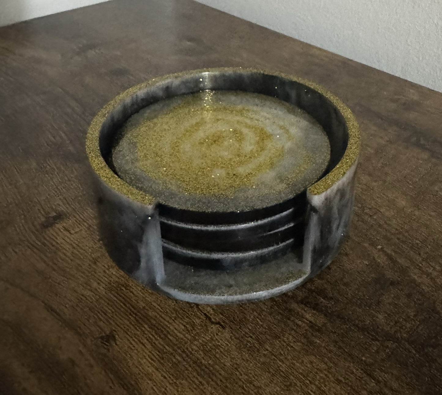 Handmade Black and Gold Resin Coaster Set with Holder Elegant Glitter Design