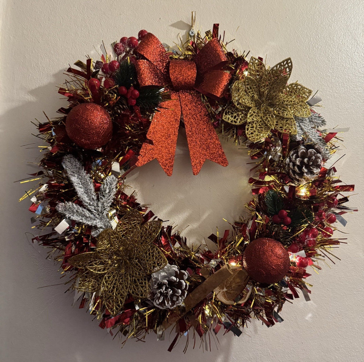 Christmas Wreath Red and Gold with Lights Christmas Decoration Front Door Decor