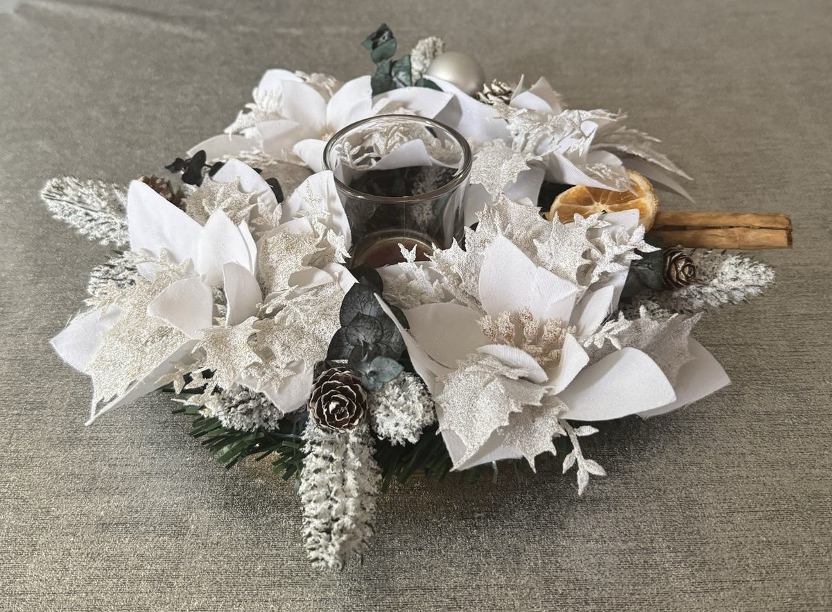 Christmas Table Centerpiece Green and White Poinsettias  And Dried Eucalyptus