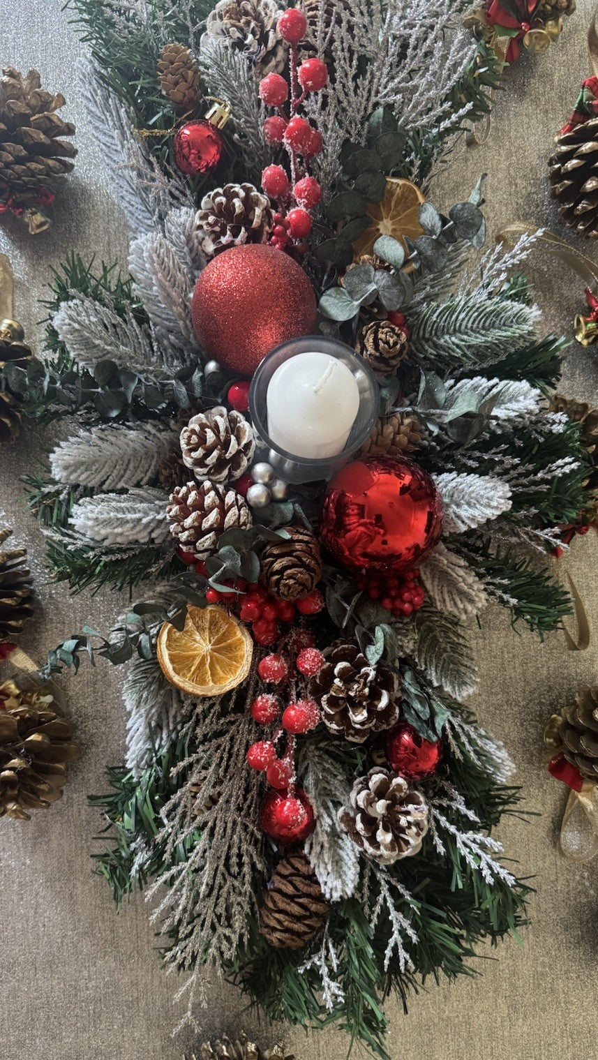 Christmas Candle Centrepiece Table Decoration With Dried Eucalyptus Pine Cone Uk