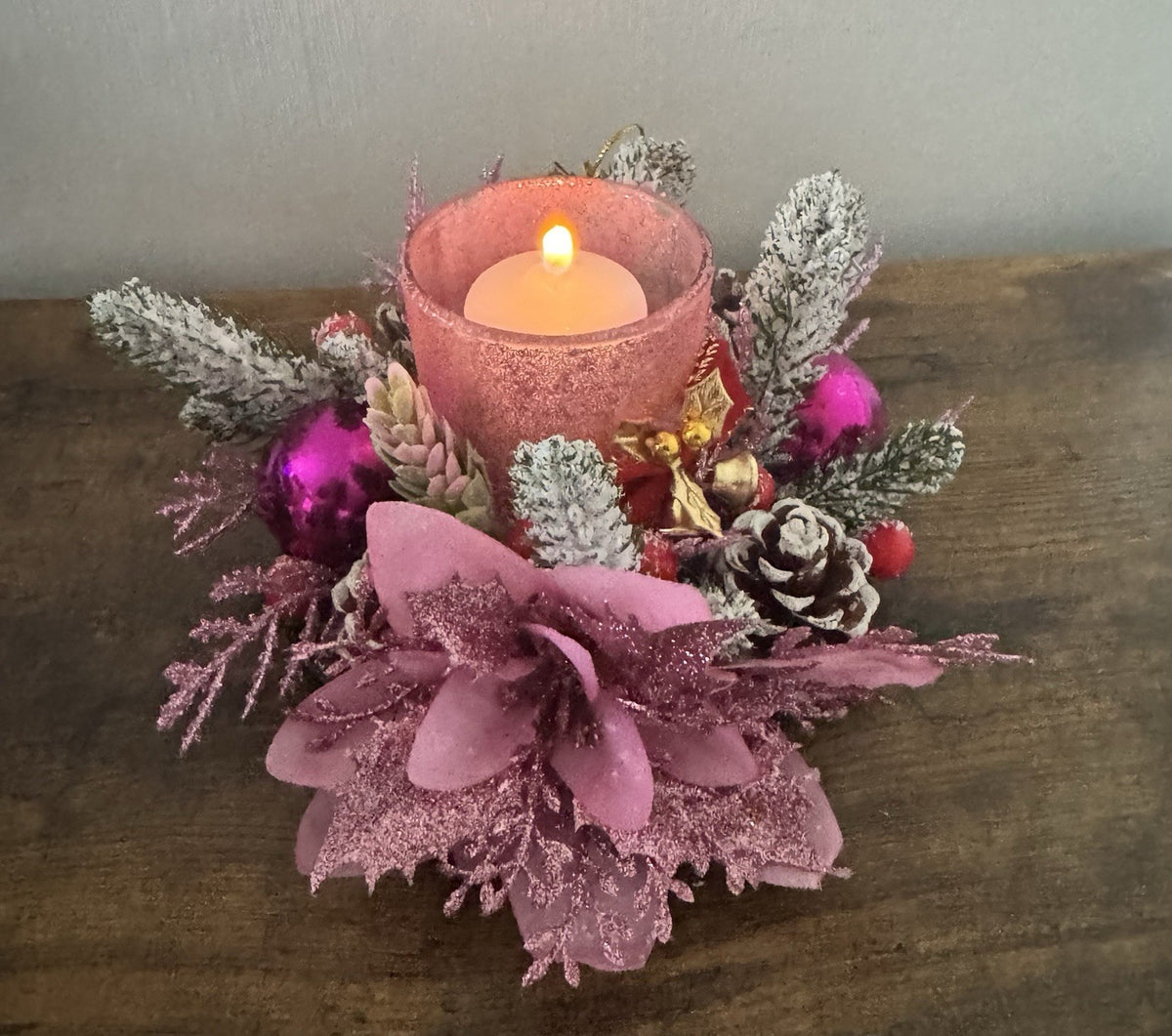 Handmade Pink Christmas Candle Centrepiece Festive Table Decoration Home Decor