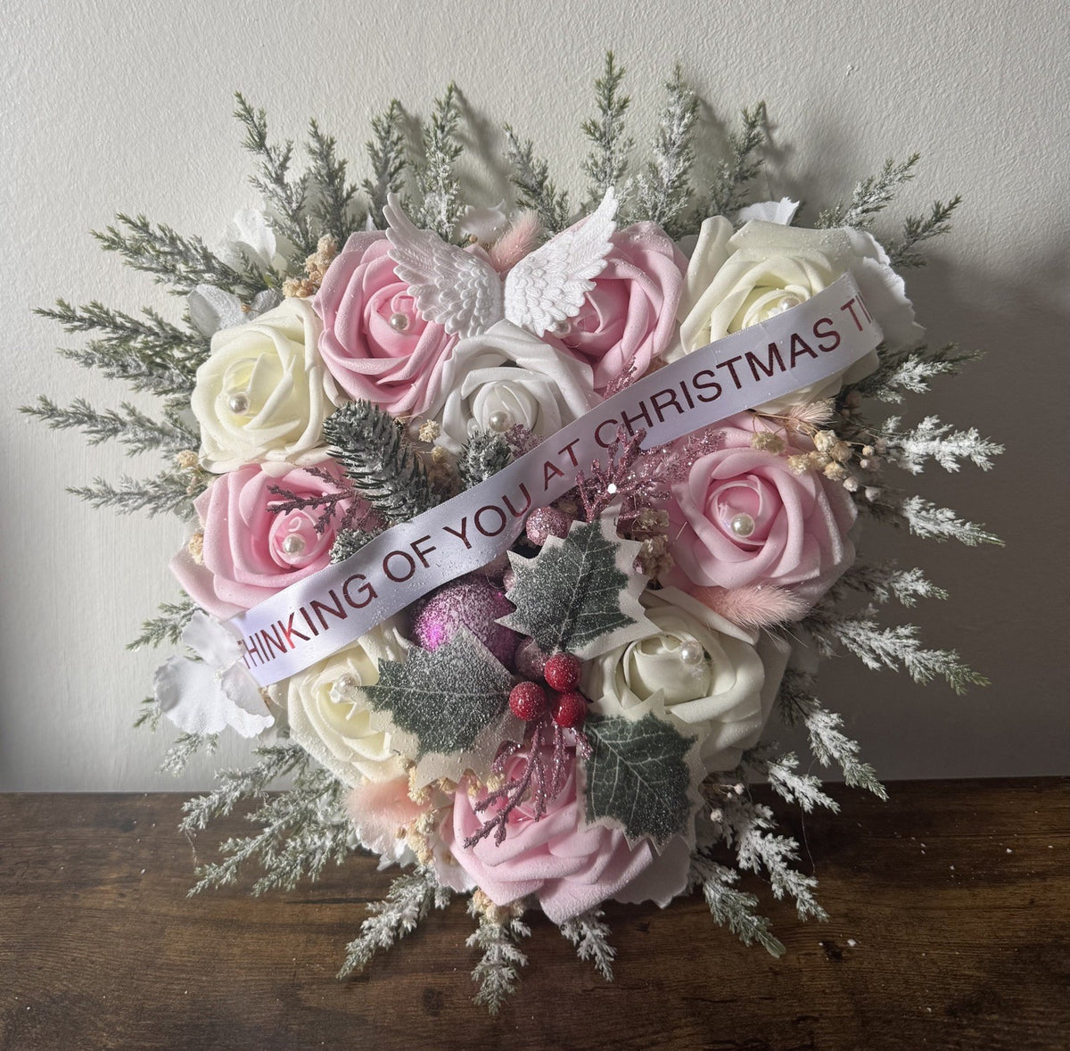 Handmade Christmas Funeral Wreath Heart Shaped Pink and White Dried Flowers