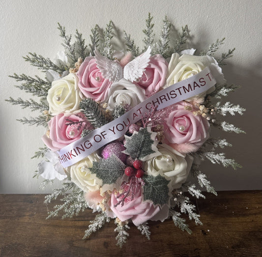 Handmade Christmas Funeral Wreath Heart Shaped Pink and White Dried Flowers