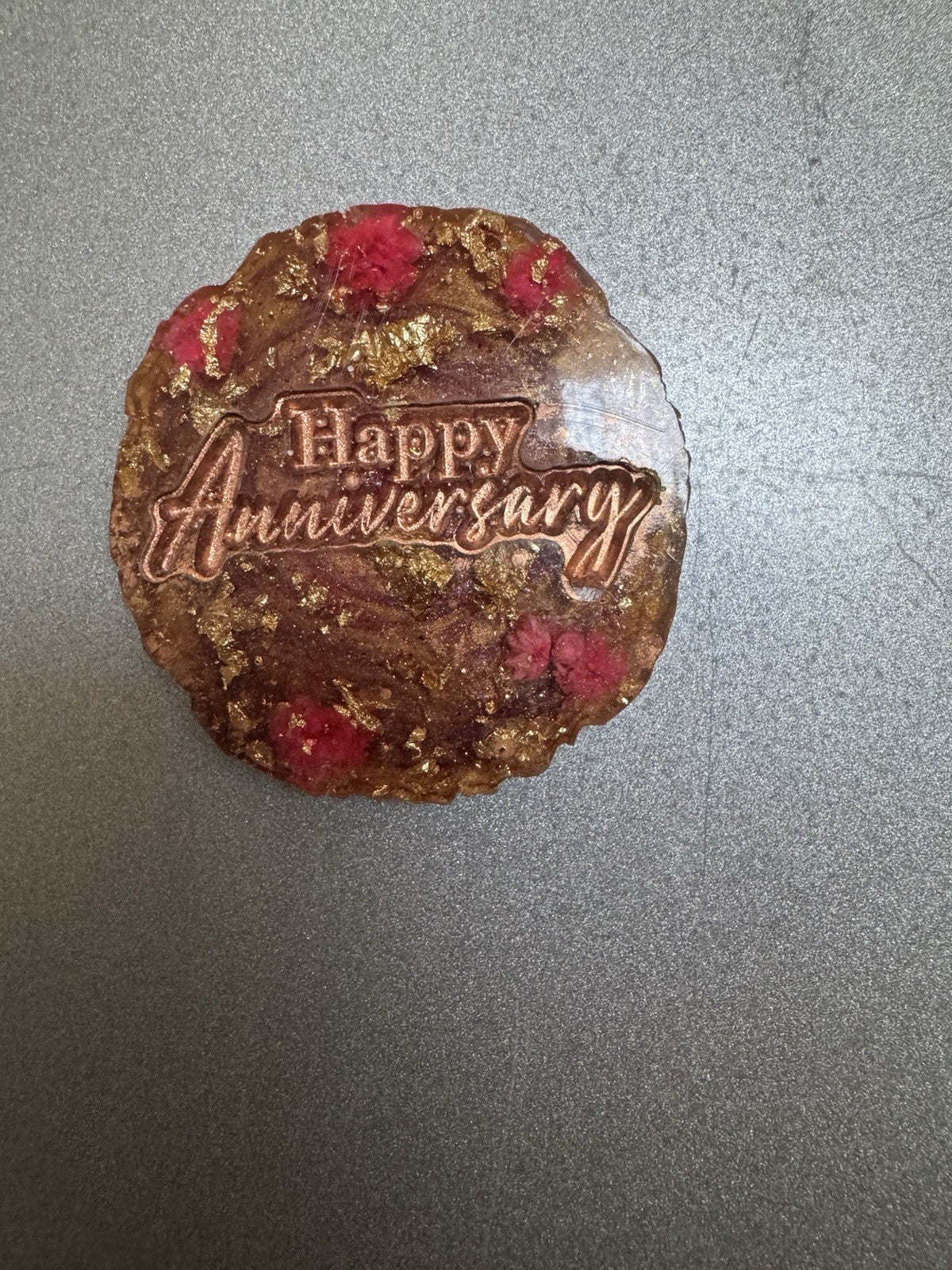 “Happy Anniversary” Fridge Magnet Handmade Resin Flowers Dry