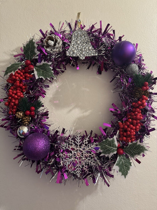 Christmas Wreath Purple and Silver with Lights Decoration for Front Door