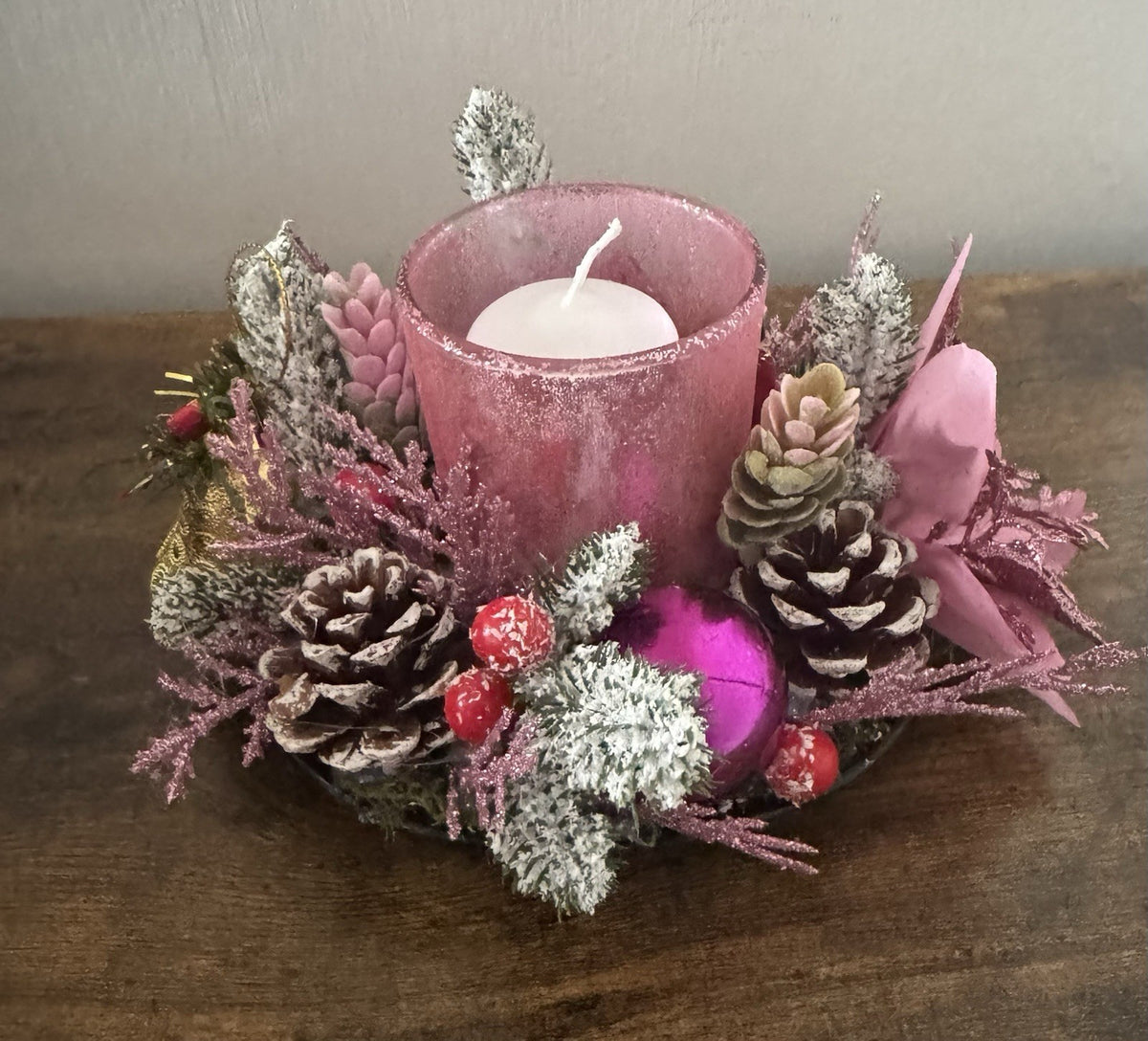 Handmade Pink Christmas Candle Centrepiece Festive Table Decoration Home Decor