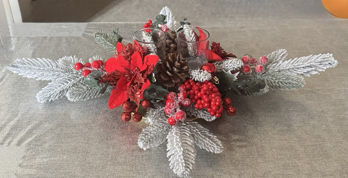 Christmas Table Centerpiece Red and Green with 2 Candles Christmas Decoration UK